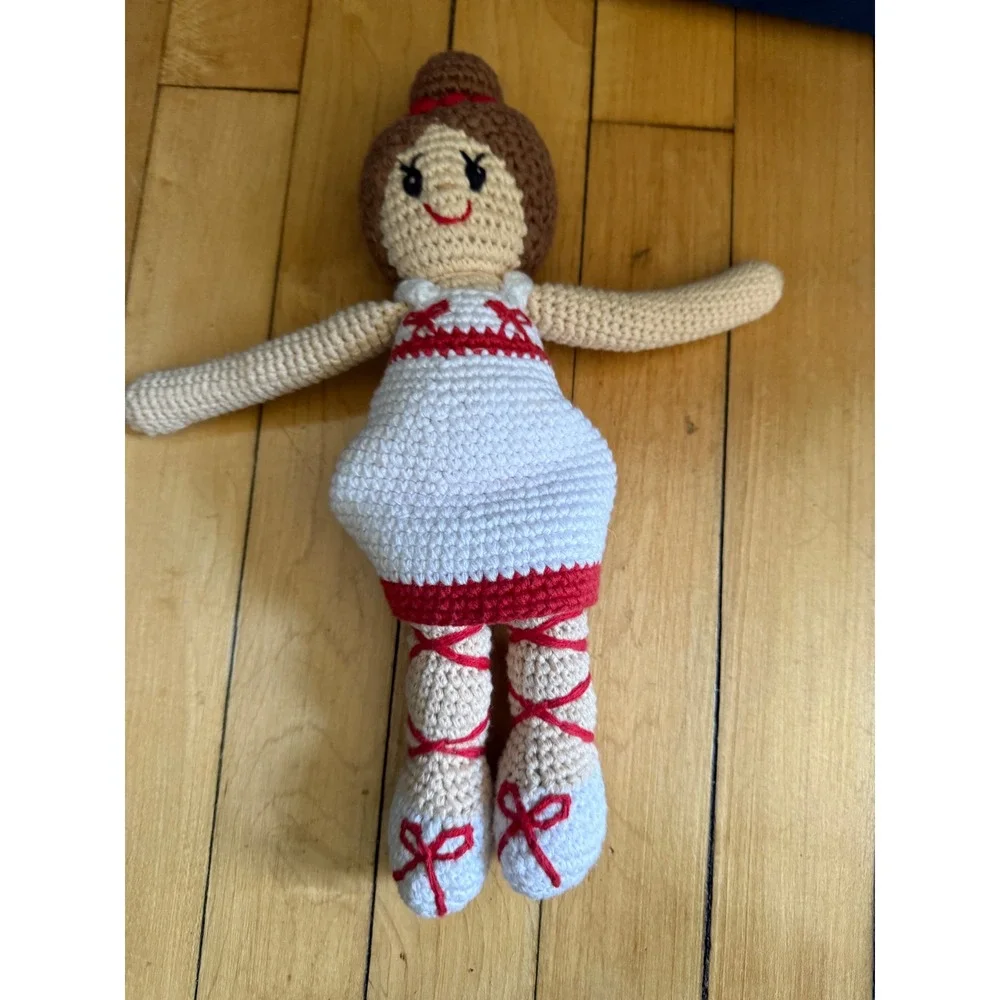 Pebble Child Handmade Crochet Ballerina Doll White Red 100% Cotton Amigurumi 12